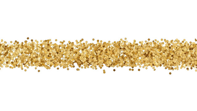 Horizontal strip of textured gold glitter particles on a transparent background with sparkling golden sparkle effect