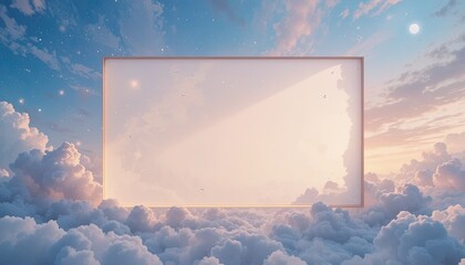 Serene cloudscape with golden light and blank frame in sky