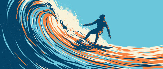 Obraz premium Graphic illustration of a surfer riding a large, stylized ocean wave in a dynamic, retro art style with a limited blue and orange color palette and textured details