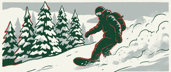 Obraz premium Stylized illustration of a snowboarder carving down a snowy mountain slope past evergreen trees in a retro, limited color palette graphic style with halftone textures