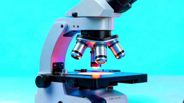 Detailed view of a modern laboratory microscope featuring multiple objective lenses and an illuminated stage, perfect for scientific research and biological study