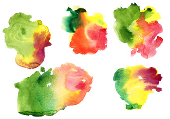 watercolor paint stains isolated on white background, red and green color spots, vibrant abstract paint swatches collection, hand painted textures