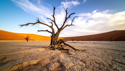 Ancient Desert Tree Standing Tall Under a Blue Sky in Namibia.