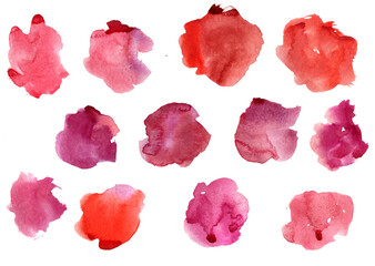 watercolor paint stains isolated on white background, red, pink and magenta color spots, vibrant abstract paint swatches collection, hand painted textures