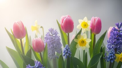 Vibrant spring flowers in bloom with pink tulips and colorful blossoms