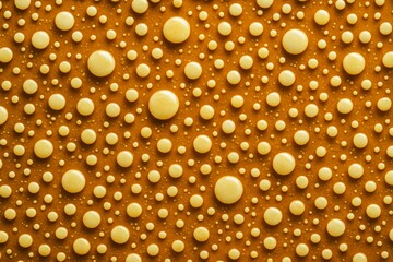 Abstract yellow bubble pattern on orange background with glossy light reflections and symmetrical layout for modern liquid concept design. Ai generative