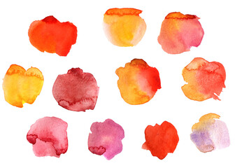 watercolor paint stains isolated on white background, red and orange color spots, vibrant abstract paint swatches collection, hand painted textures