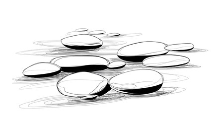 A collection of smoothed stones floating on water, rendered in black and white sketch art