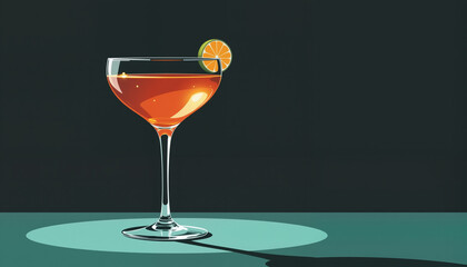 cocktail glass with citrus garnish reflecting light on a minimalistic surface against a dark background for drink menus or advertising purposes