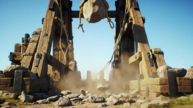 A close-up view of a medieval wooden catapult in action, releasing a payload of stones. The sky is bright blue