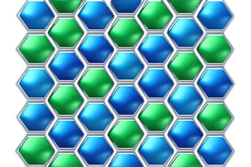 Repeating honeycomb pattern with 3d green and blue hexagons framed by silver borders, transparent background
