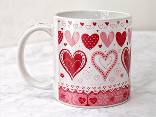 white mug with painted hearts, ornament
