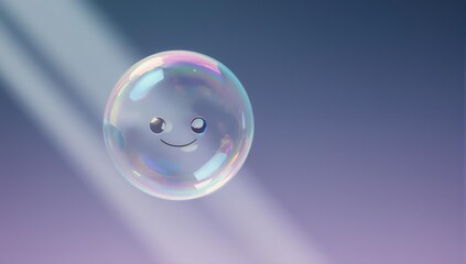 A cartoon bubble with a happy face floats in a beam of light