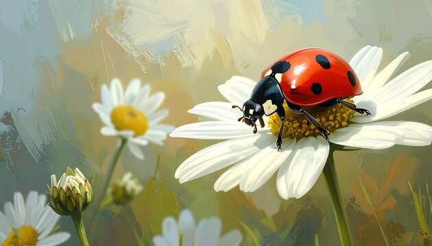 A vibrant digital painting shows a red ladybug resting on a white daisy with a sunny, blurred background