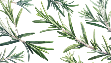 Watercolor illustration of rosemary sprigs, green on a black background