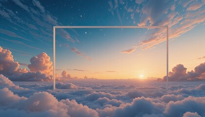 Serene sunset above fluffy clouds with golden light and stars