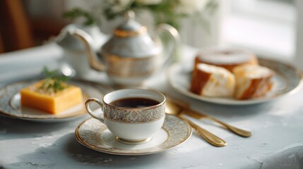 Table setting with a white tablecloth and a vase of white flowers in the background.