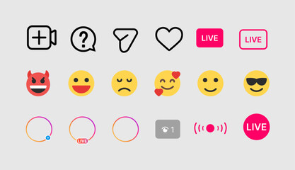 Live Streaming UI Icons Set, Reaction Emojis, Notification and Interface Elements