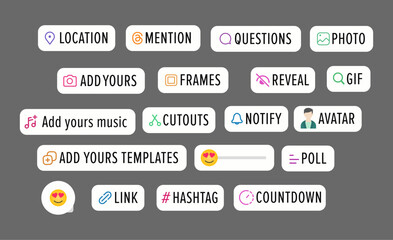 Social Media Story UI Stickers Set, Interactive Labels, Buttons and Interface Elements