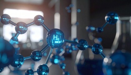Abstract hydrogen fuel cell energy concept with blue glowing molecules