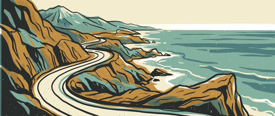 Obraz premium Winding coastal road illustration shows a scenic highway along a rugged cliffside with mountains and the ocean, depicted in a retro graphic novel style with halftone textures