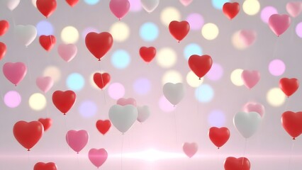 Falling heart balloons with bokeh lights for valentines day celebration background