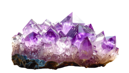 Purple crystal cluster with many points, isolated on black background