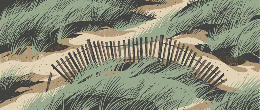 Rustic wooden slat fence curves through sandy dunes with windswept beach grass in a stylized graphic illustration with a vintage, earthy color palette