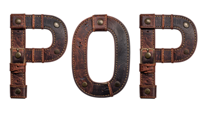 Brown leather word "POP" made from studded straps on a stark black background