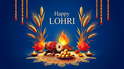 Happy lohri festival celebration background featuring dhol drum with wheat ears and traditional indian sweets on blue backdrop with rangoli decoration for harvest holiday concept