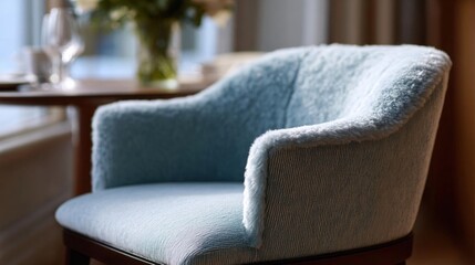 Close-up of a light blue armchair in a room with a window in the background. the armchair has a curved backrest and armrests, and the seat is upholstered in a soft, plush fabric.