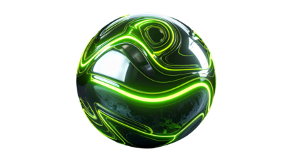 Glossy sphere with neon green waves swirling across a dark surface