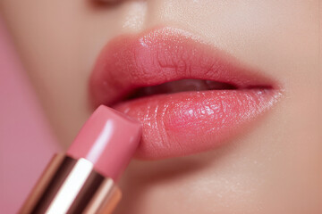Applying Pink Lipstick to Enhance Lips During Makeup Routine for Beauty