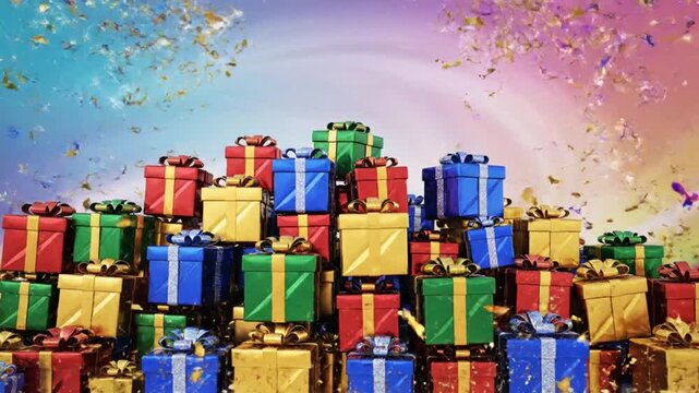 A vibrant stack of colorful gift boxes with ribbons set against a gradient sky showered by sparkling gold confetti and glitter