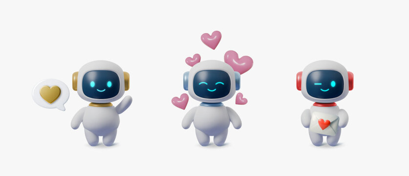 Cute 3D robot character set with heart icons and love expressions. AI chatbot mascots for Valentine's Day, technology apps, and digital assistant interfaces.