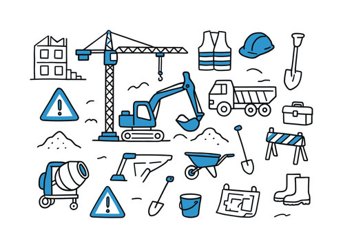 Doodle Construction Site. Construction site. Hand-drawn doodle illustration construction site [tower crane (accented), excavator outline (accented), dump