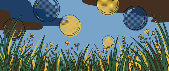 Obraz premium Colorful soap bubbles in a pop art style floating over a meadow of wildflowers and grass in a whimsical, hand-drawn illustration with halftone dot patterns