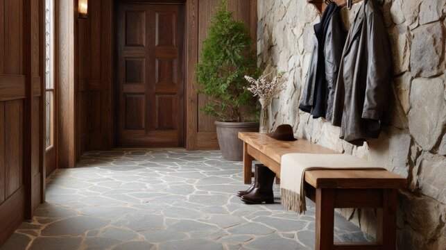 Hallway with a stone wall on one side and a wooden bench on the other side. the floor is made of gray stone tiles with a geometric pattern. - Powered by Adobe