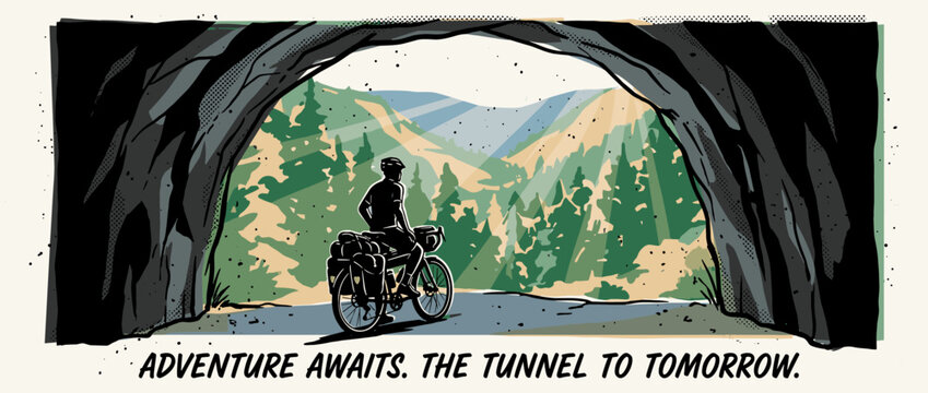 Silhouetted cyclist on a touring bicycle with panniers emerges from a dark rock tunnel, a retro comic style illustration of a journey into a sunlit mountain forest - Powered by Adobe