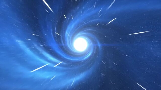 Abstract blue vortex tunnel with bright light at the end of the space.