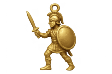 Golden roman warrior figurine holding sword and shield