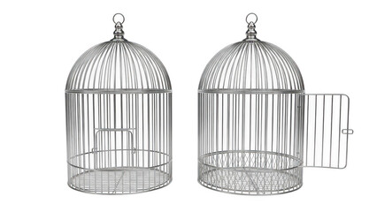 Set of two vintage birdcages with ornate design and decorative elements, isolated on transparent background for home decor
