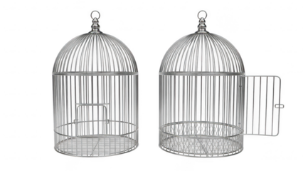 Set of two vintage birdcages with ornate design and decorative elements, isolated on transparent background for home decor
