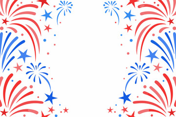 Festive firework display with red white and blue colors framing a white space