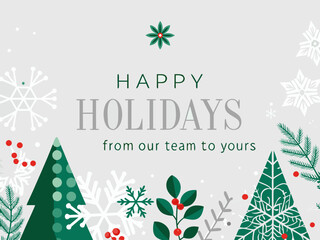 Festive holiday greetings card featuring winter foliage and delicate snowflake designs