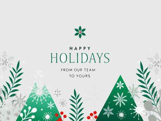 Festive holiday greeting card with winter foliage and happy holidays text