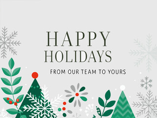 Festive holiday greeting card with snowflakes trees and a warm message