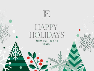 Festive holiday greeting card with snowflakes trees and warm wishes
