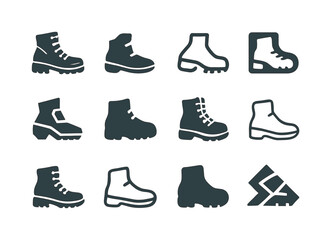 Walking Boot Icons. Walking. Icon set. Set Logo of walking: hiking boot. harmonious logo variations of the same emblematic concept, each with different