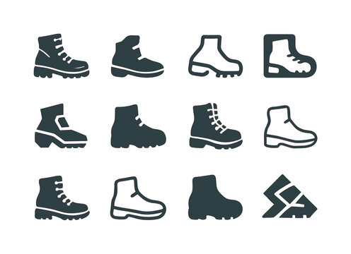 Walking Boot Icons. Walking. Icon set. Set Logo of walking: hiking boot. harmonious logo variations of the same emblematic concept, each with different